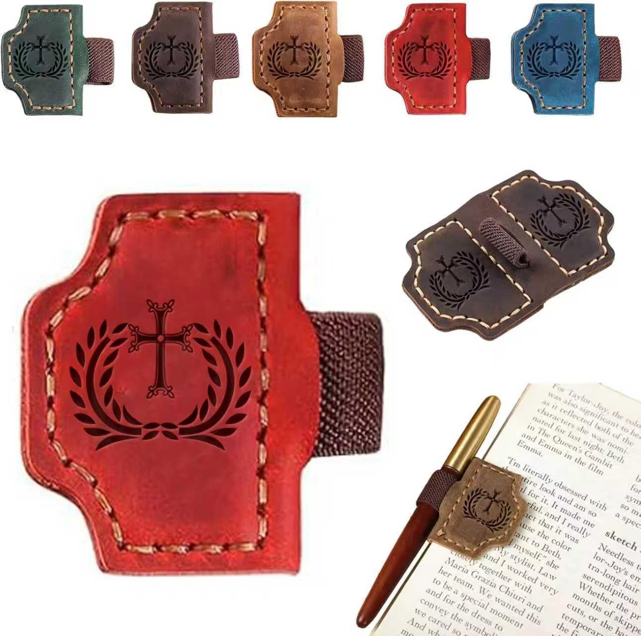 Mao’er 2-in-1 Genuine Leather Pen Clip Bookmark, Cross Bible Bookmark Brown