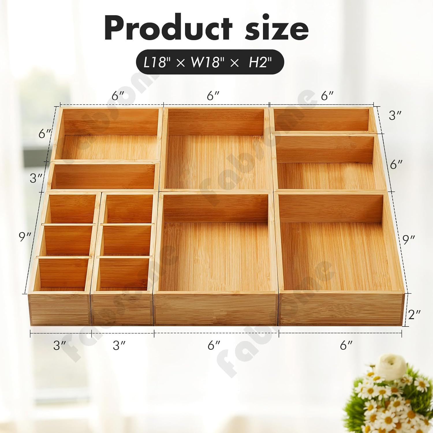 9 Pack Bamboo Drawer Organizer Set Kitchen Desk Bathroom Storage Containers