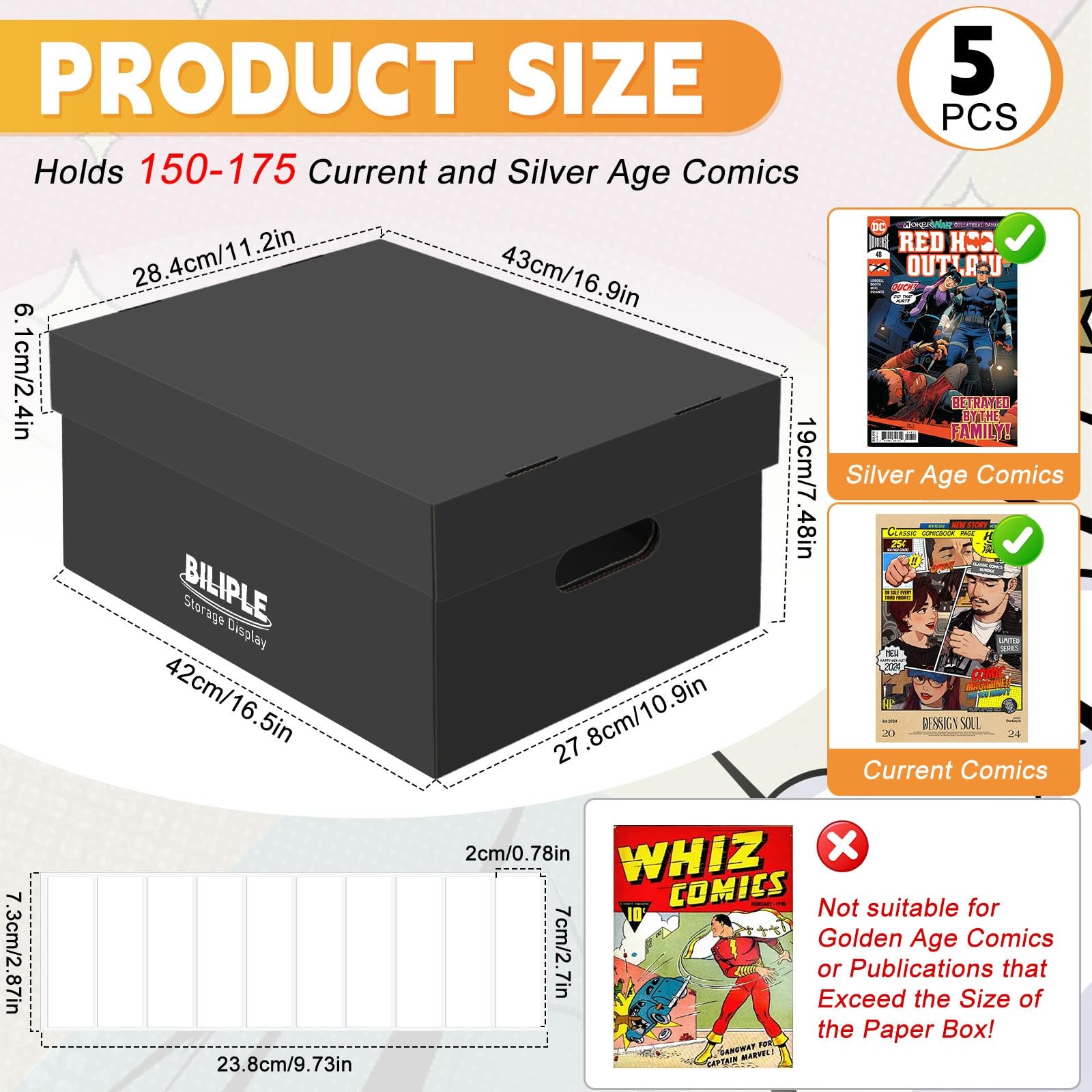 5 Pack Comic Book Storage Box 15.8″ X 7.2″ X 10.7″, Thick Cardboard 5