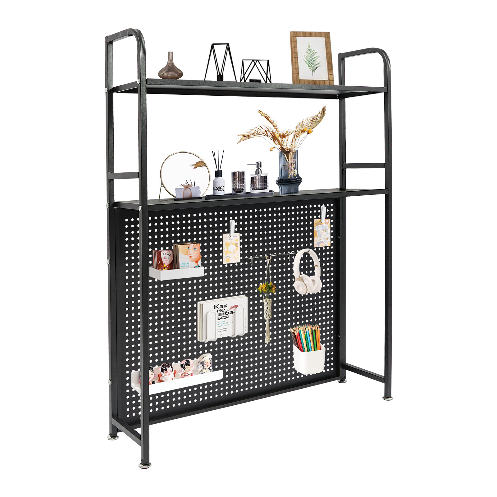 2-Tier Desktop Storage Rack with 3 Hooks, Black Carbon Steel Tabletop Shelf