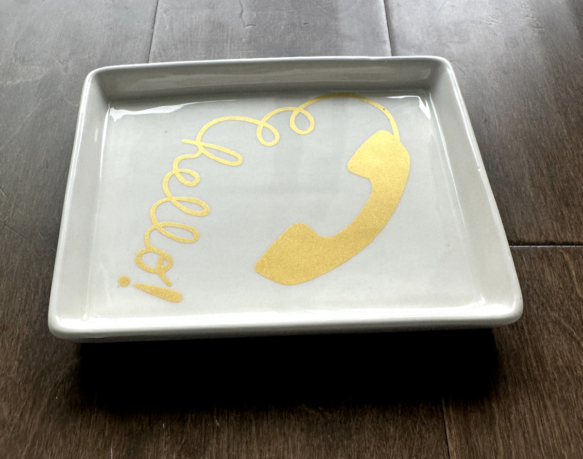 Hello Decorative Dish Gold Telephone and Cord Small Rectangle by Magenta