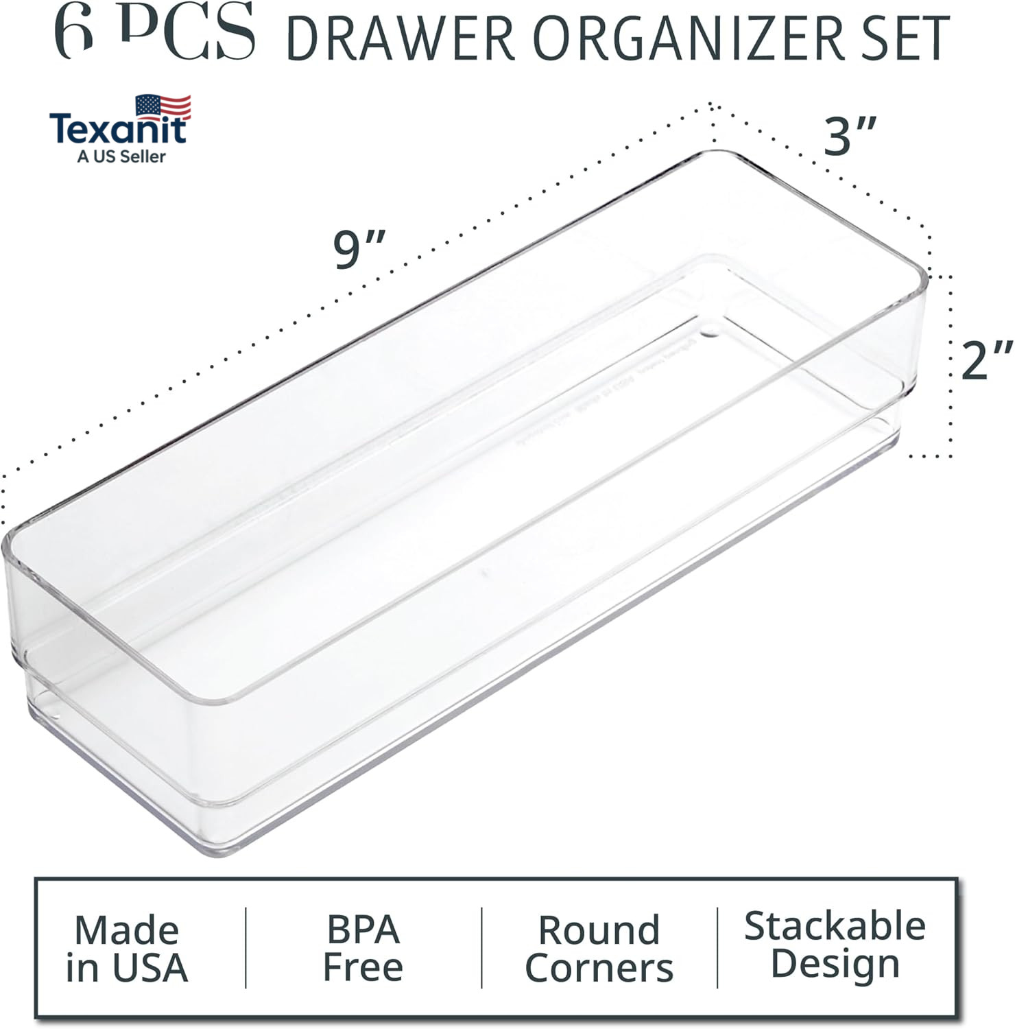 Simplesort 6-Piece Stackable Clear Drawer Organizer Set | 9″ X 3″ X 2″ Rectangle