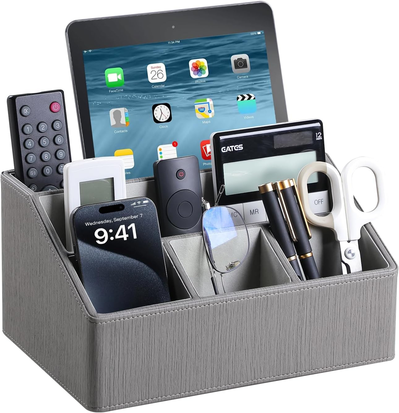 Luxury PU Leather Desk Organizer & Remote Holder – Grey Caddy for Home & Office