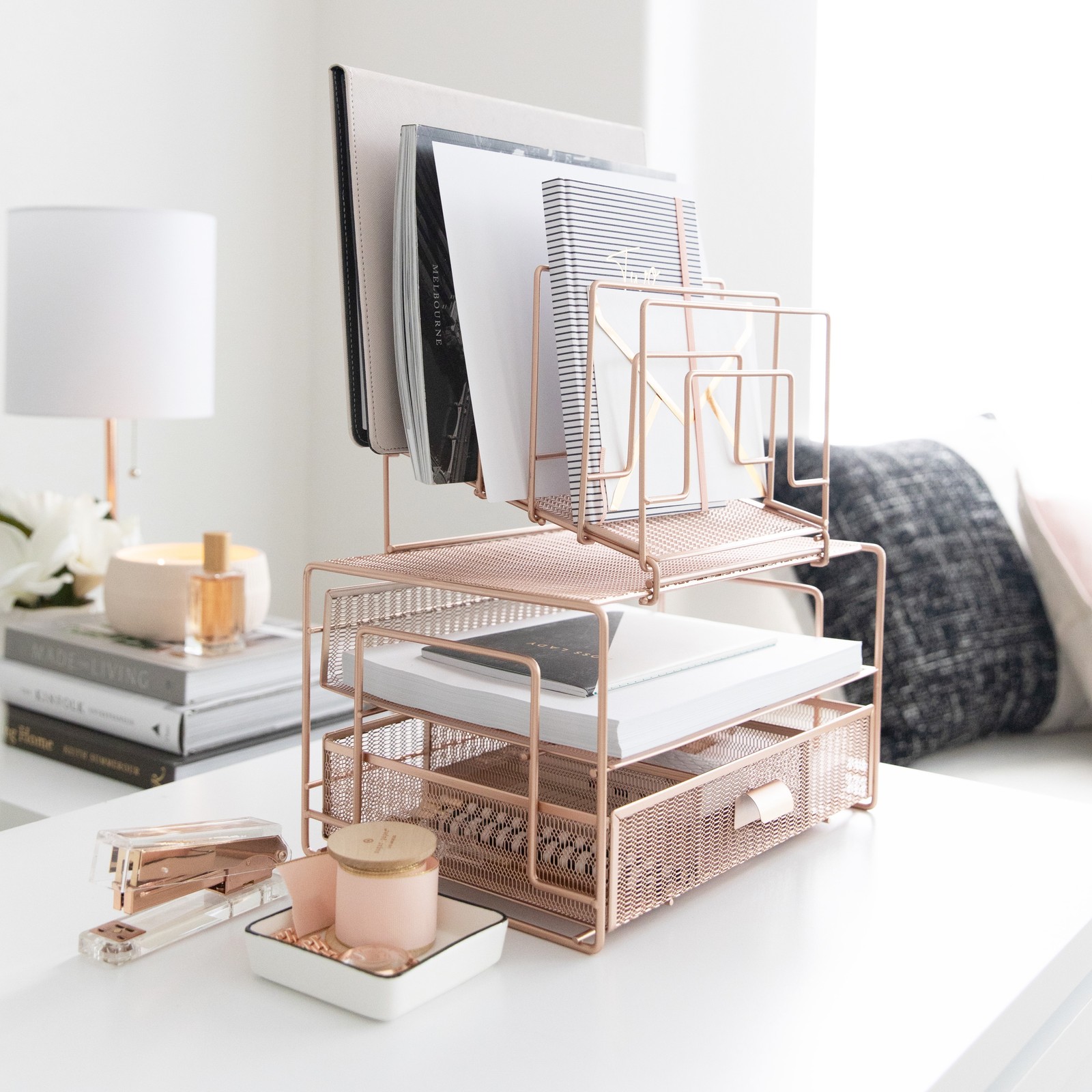Workspace Rose Gold Desk Organizer and Accessories Desktop Rack with File sorter