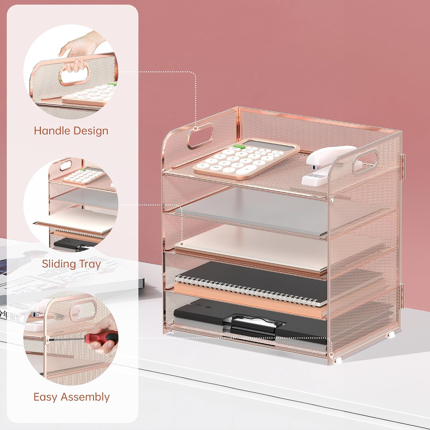5 Trays Paper Organizer Letter Tray with Handle-Mesh Desk File Organizer, Paper