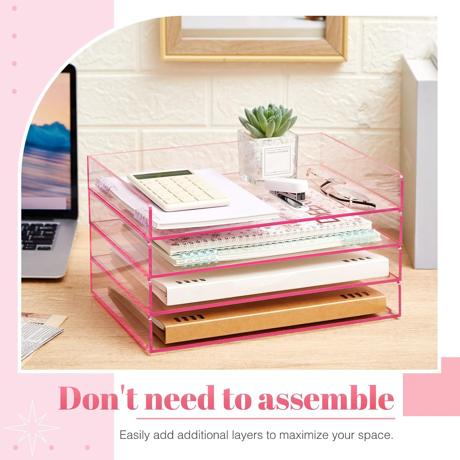 4 Tier Clear Hot Pink Acrylic Paper Organizer Letter Tray, Aesthetic Stackable L