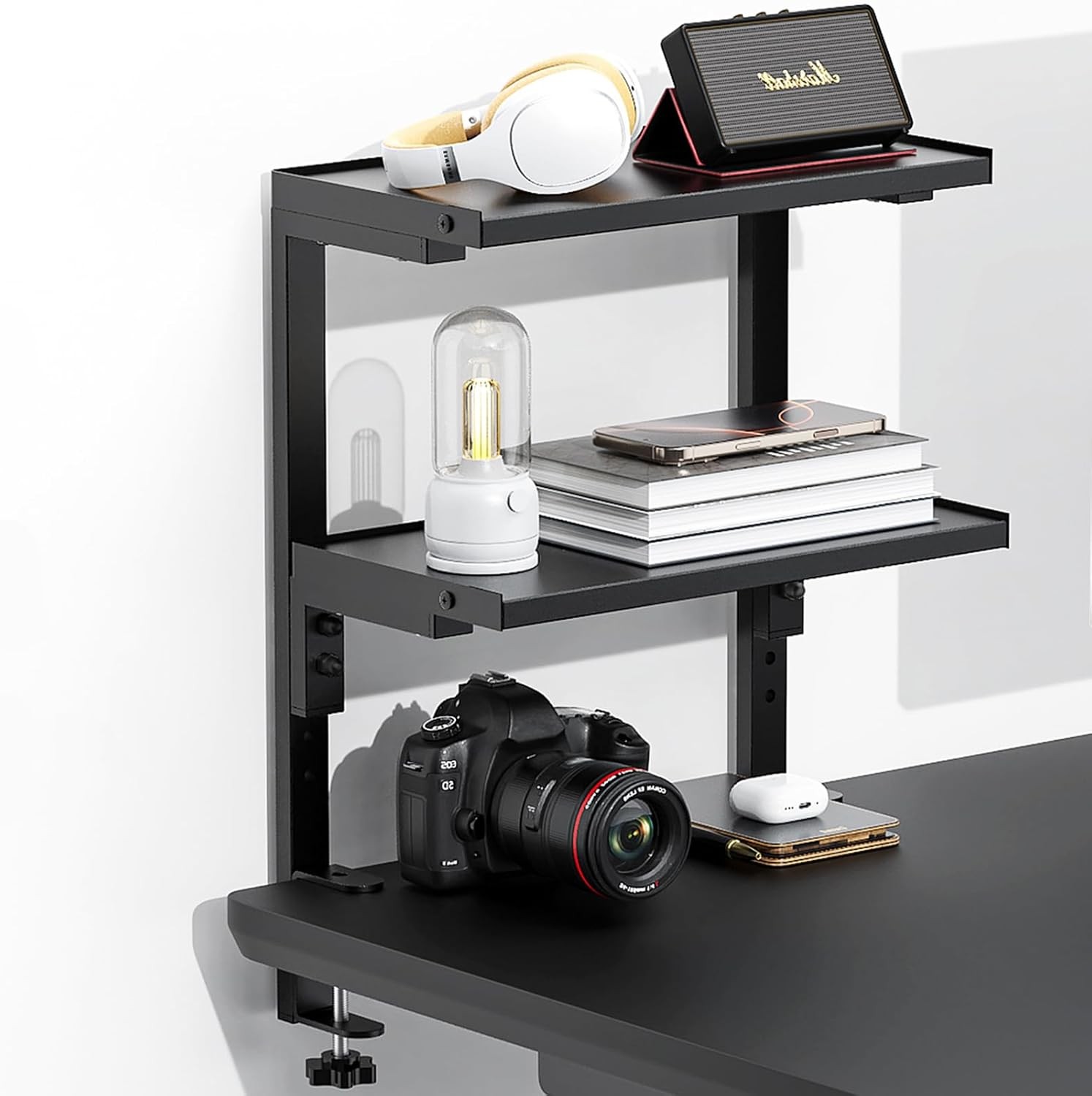 Clamp On Desk Shelf 2-Tier Office Organizer Wood Desktop Storage Rack