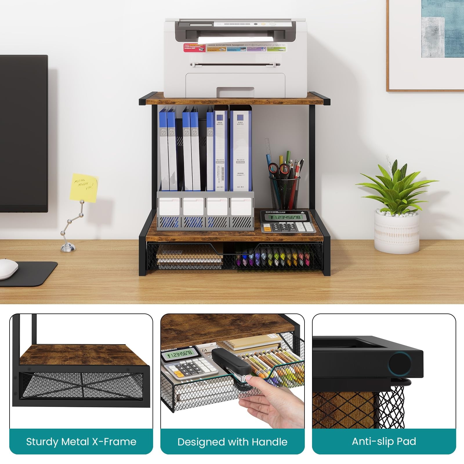 ELITEROO 2-Tier Desktop Printer Stand with Storage Rustic Brown Drawer