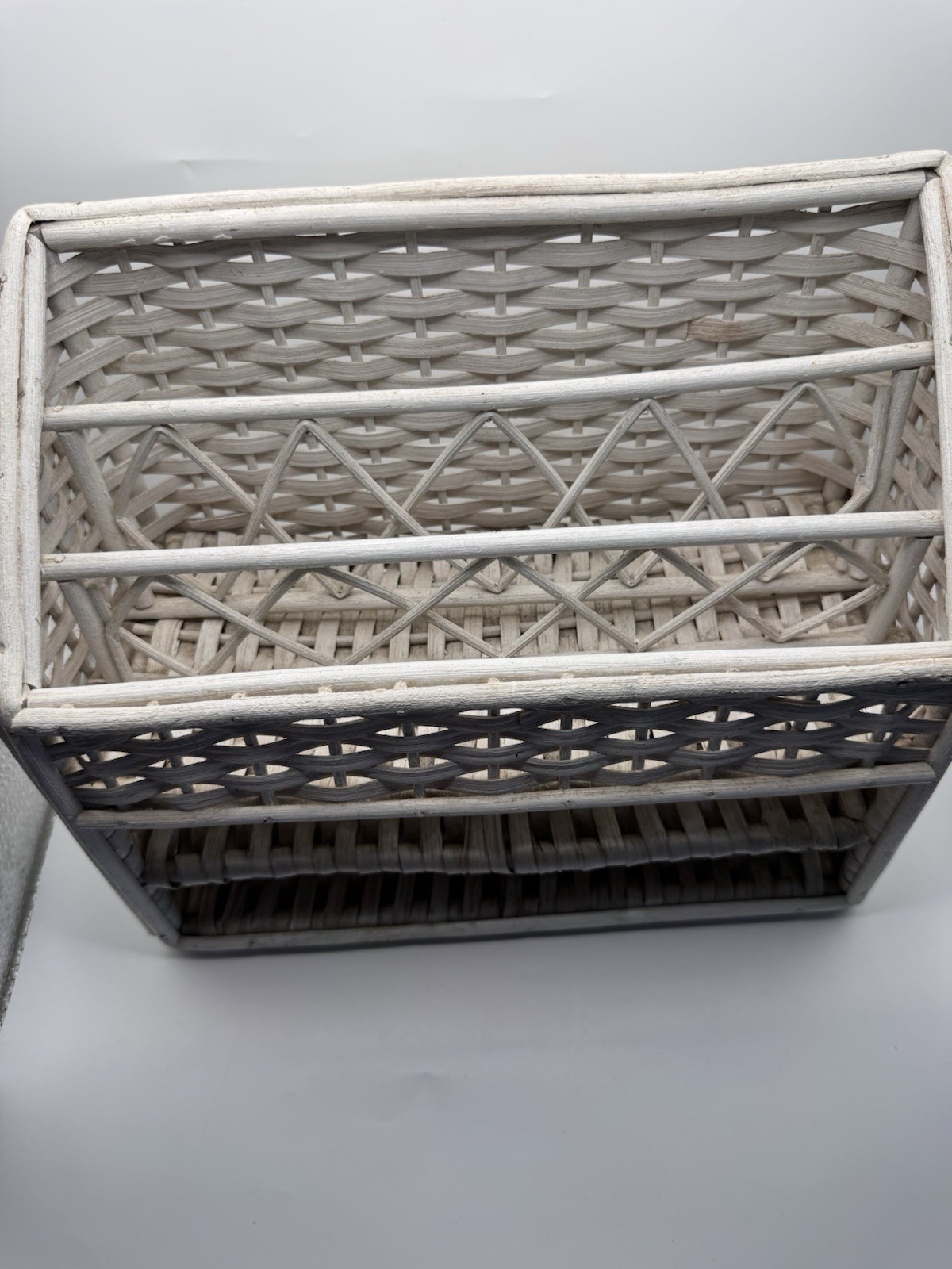 White Wicker Rattan Desk Top Organizer Office Mail Sorter Sturdy Letter Holder