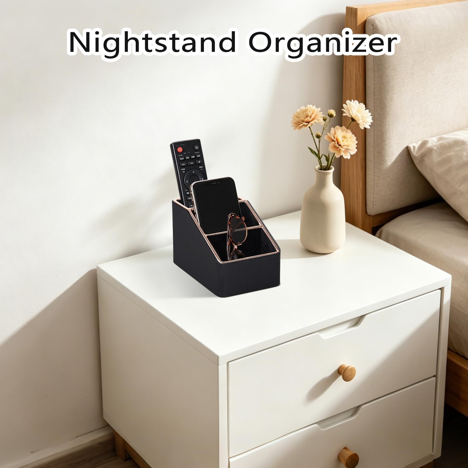 Rose Gold Edge Inlaid Leather Desktop Organizer, Remote Control Holder,Nights…