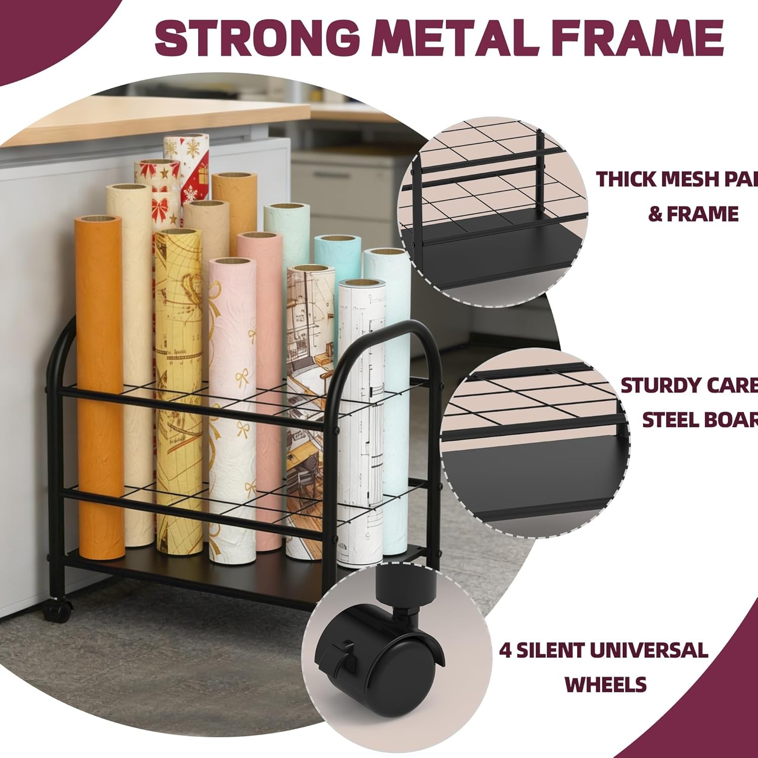 Blueprint Storage Holder W/ Wheels – 20-Slot Metal Roll File Rack