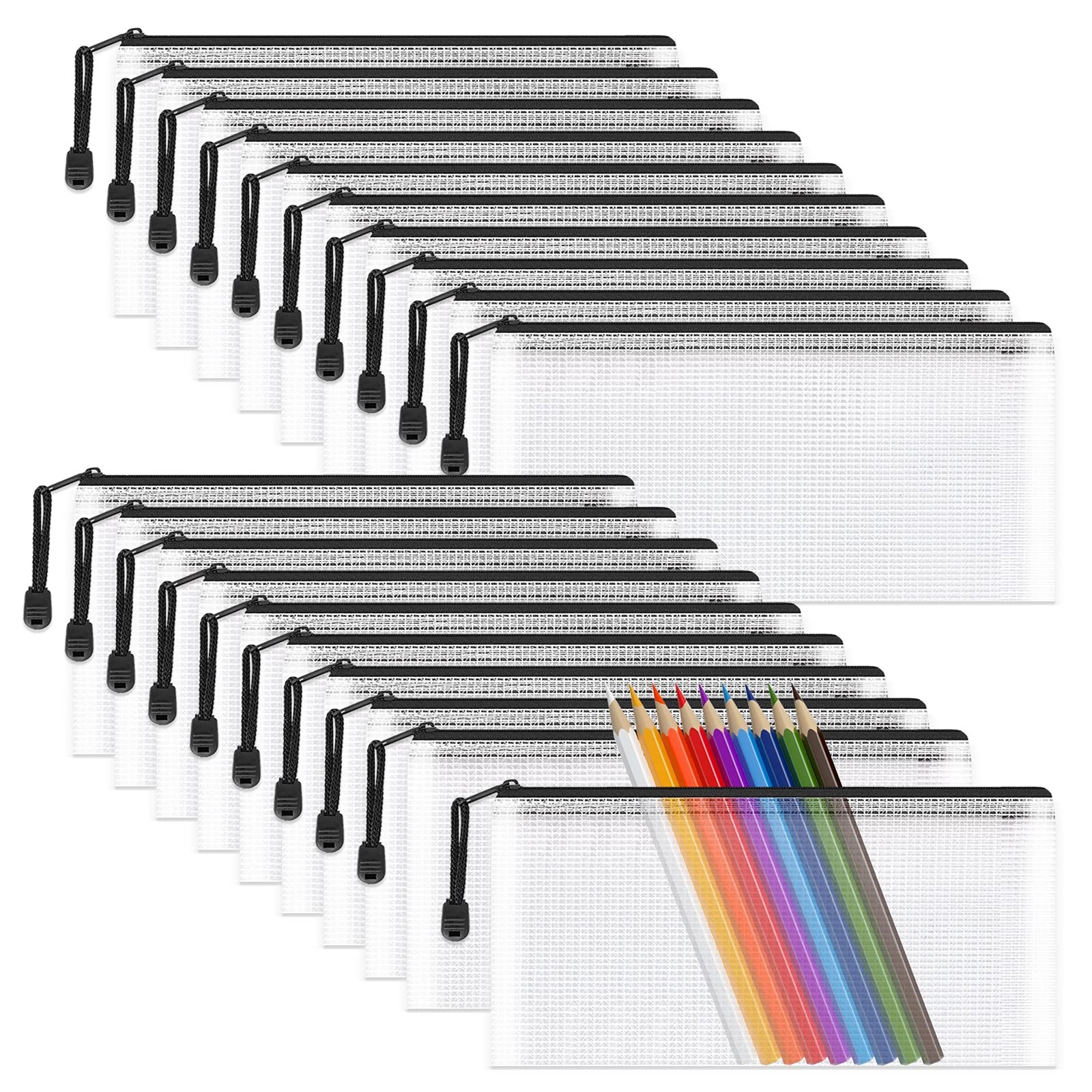 20 Pack Clear Pencil Pouch A6 Zipper Mesh Bags Black 9.2×4.7 Inch