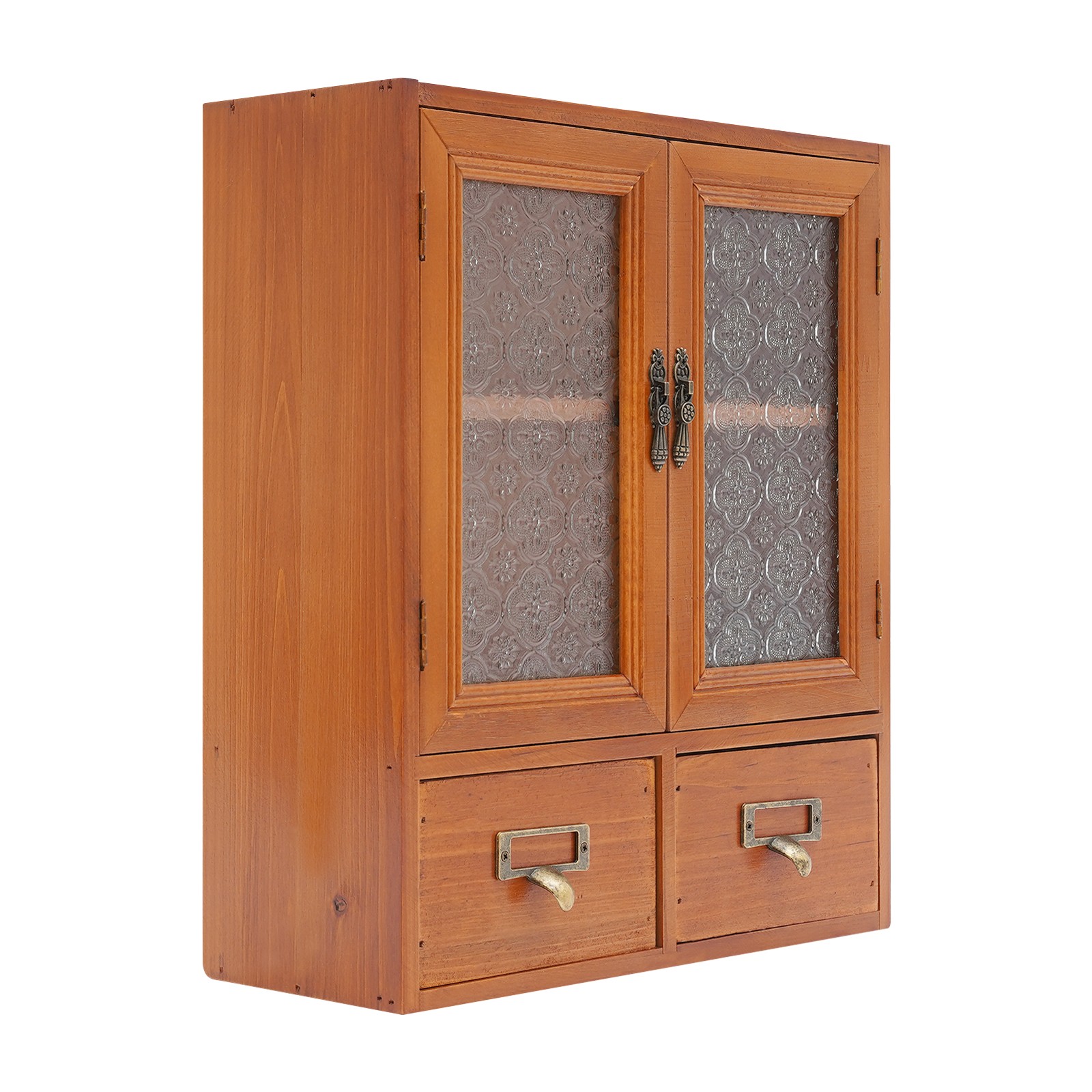 Vintage Tabletop Organizer with 2 Drawers & Glass Door Storage Cabinet Brown