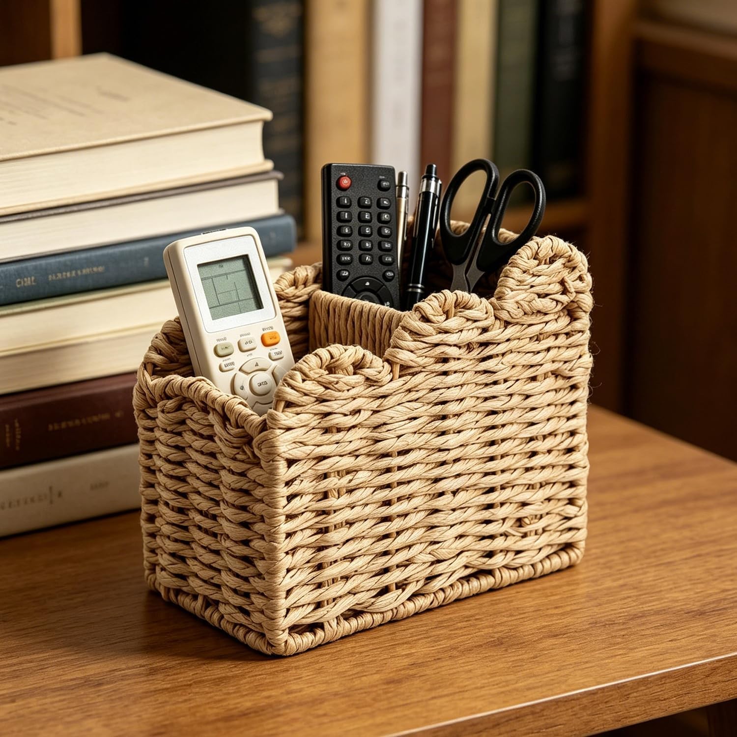 Remote Control Holder 2-Slot Paper Rope Woven Desk Organizer Caddy W/ Scalloped