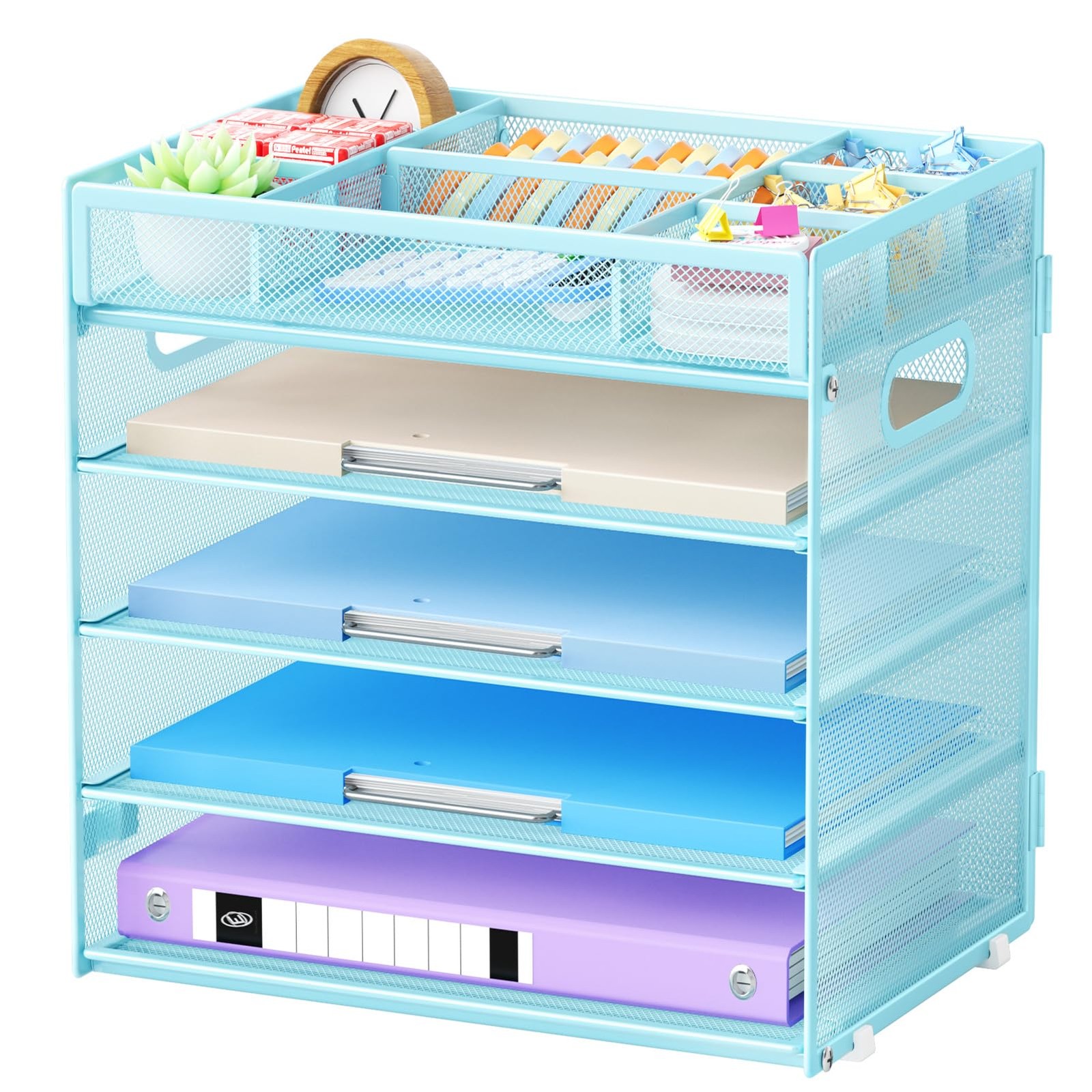 5 Tier Paper Organizer Letter Tray, Mesh Desk File Organizer with Handle, Pap…