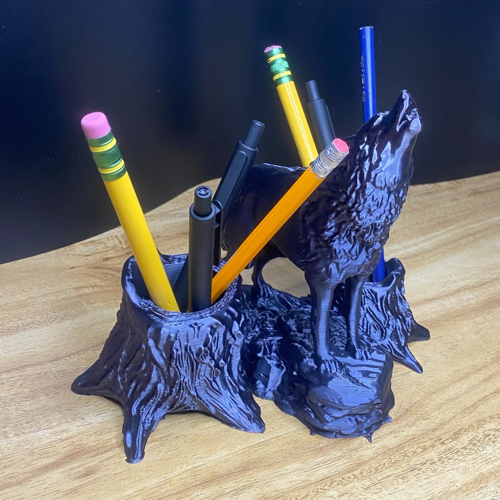 Black Wolf Pen & Pencil Holder – Unique Desk Organizer