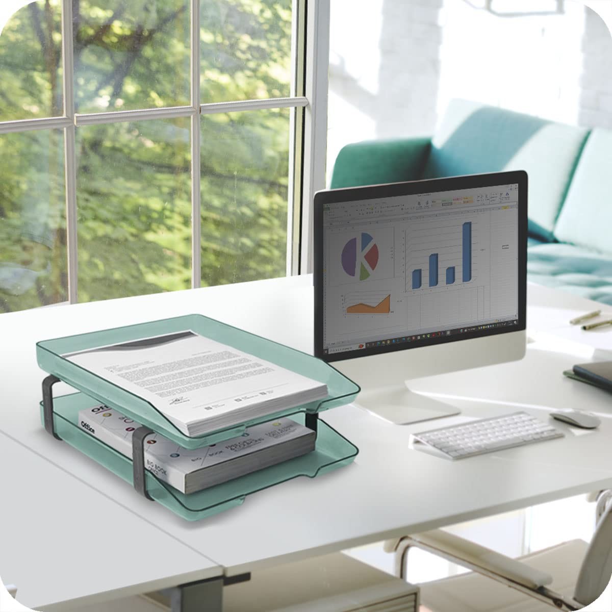 2 Tier Letter Tray Front Load Design A4 Size Desktop Organizer Clear Green