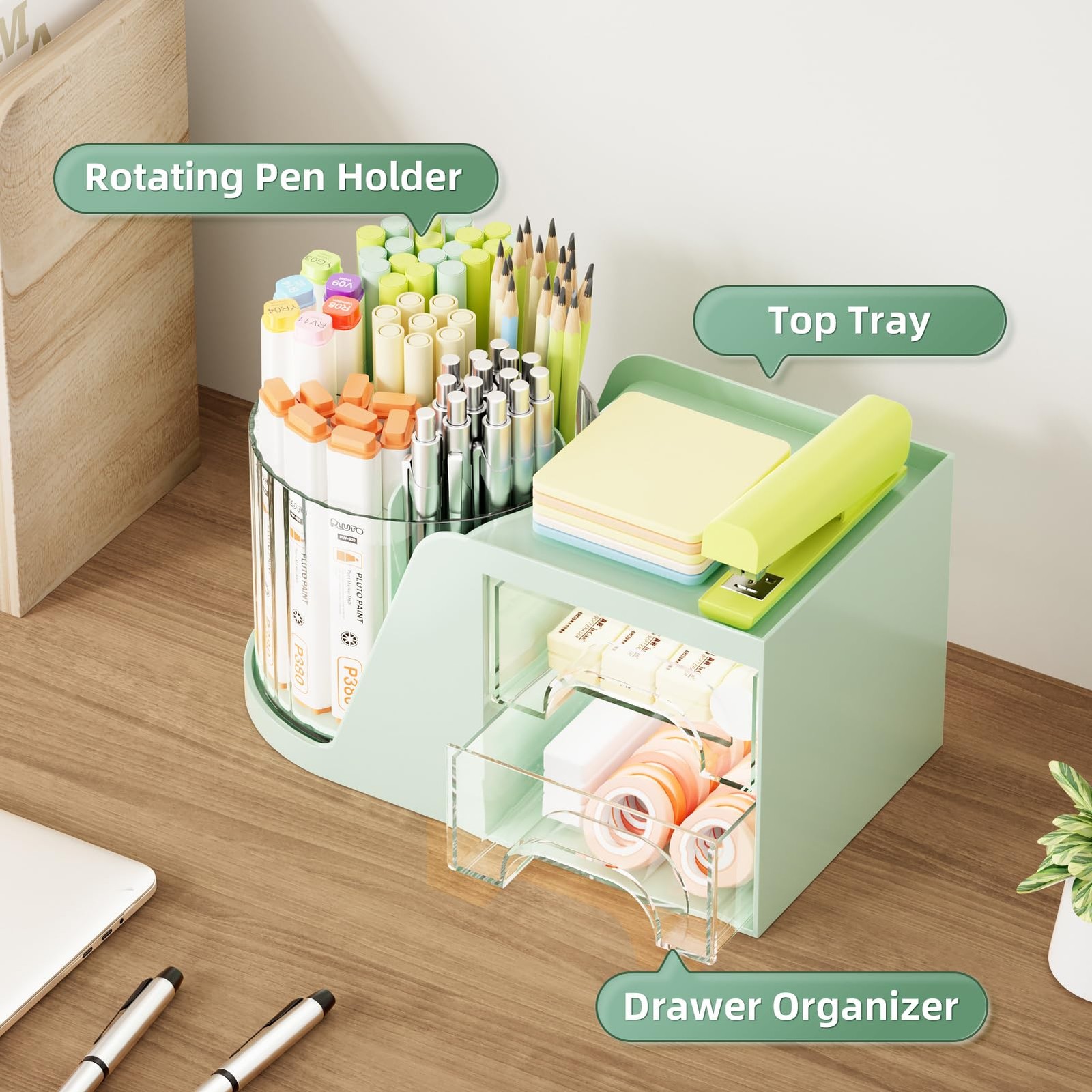 Marbrasse Desk Organizer with 2 Drawer, 360°Rotating Pen Holder, Green