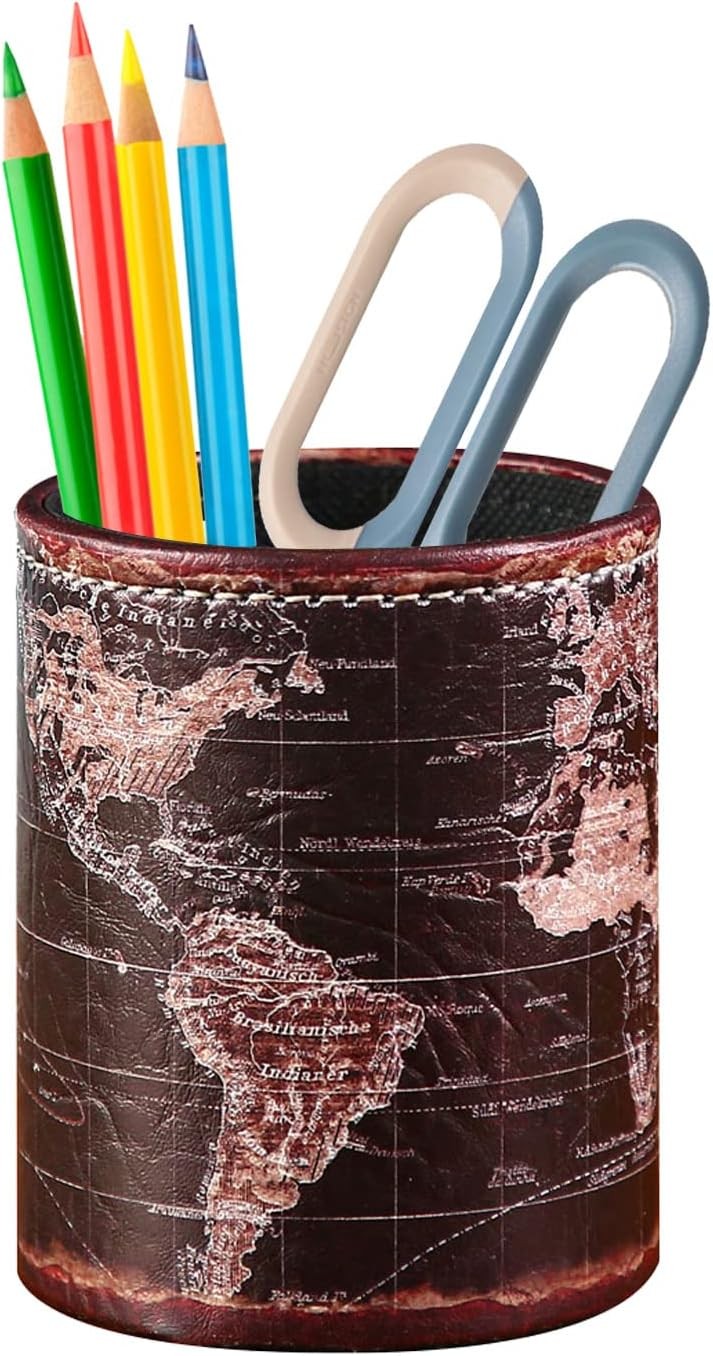 Black World Map Pencil Holder for Desk, PU leather Pencil Cup, Globe Pen Holder