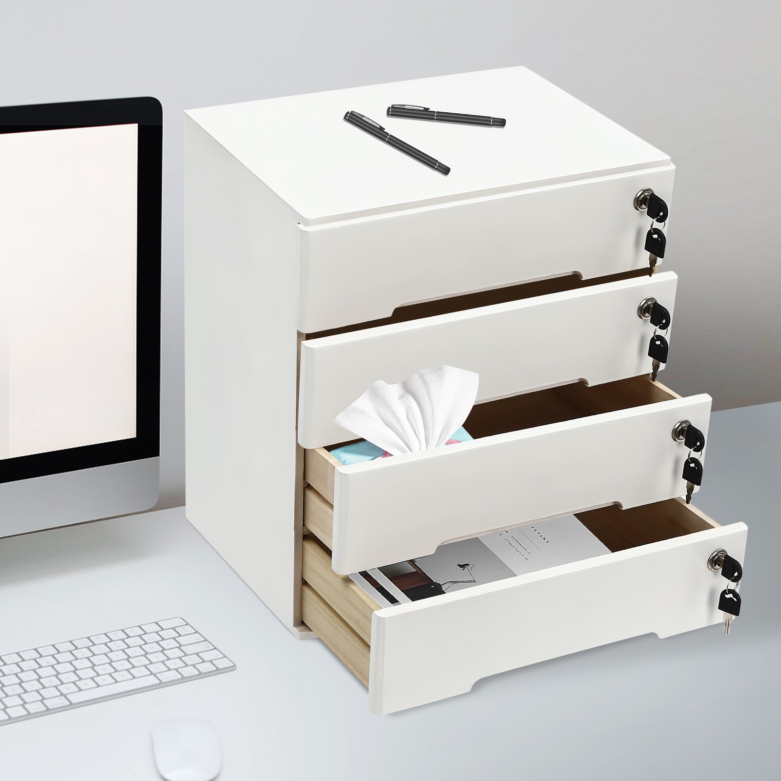 4-layer white wooden desktop storage box file cabinet with lockable drawers