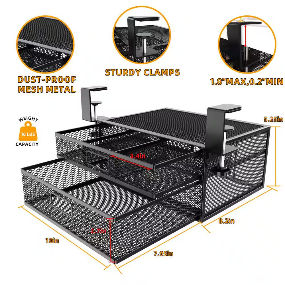 Black 15.7 In. X 6.3 In. Metal under Desk Storage Organizer with 2 Sliding Drawe