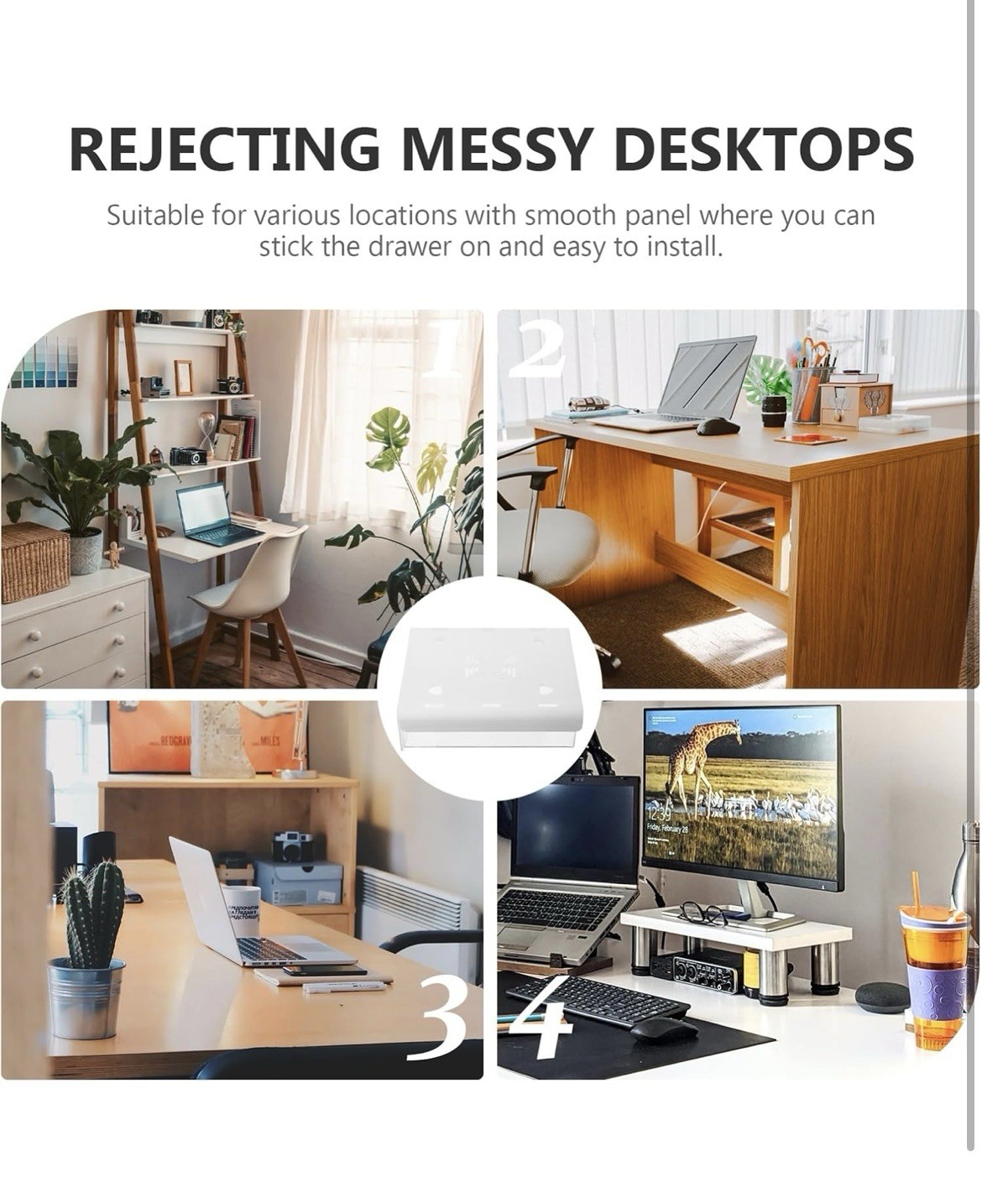 Under Desk Drawer, Self-Adhesive Slide Out Storage Organizer, White, Large