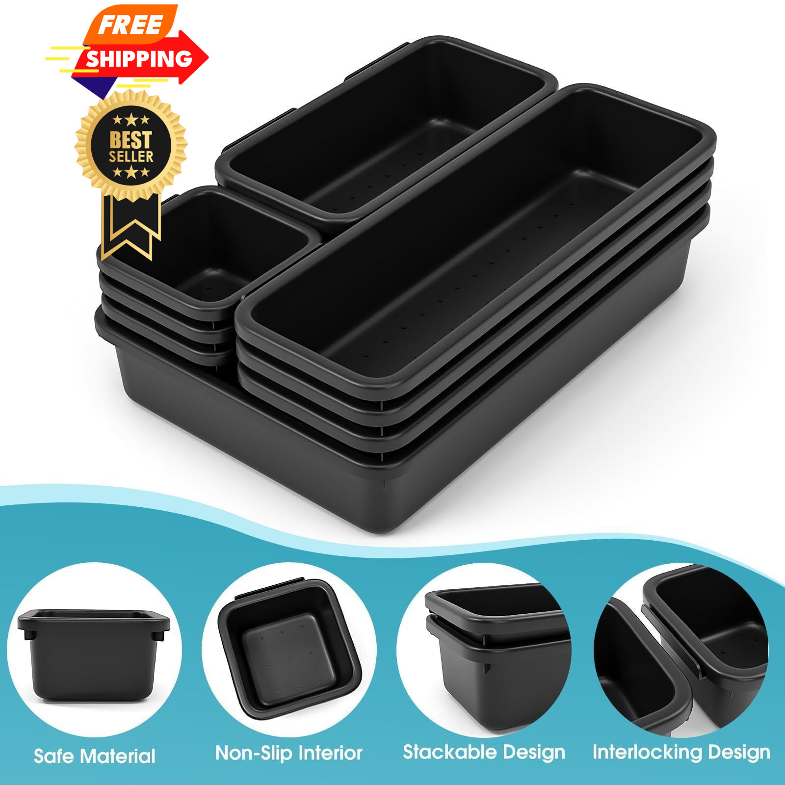 StoreHappily 10 PCS Drawer Organizer Set, 4 Size Makeup 10Pack, Black