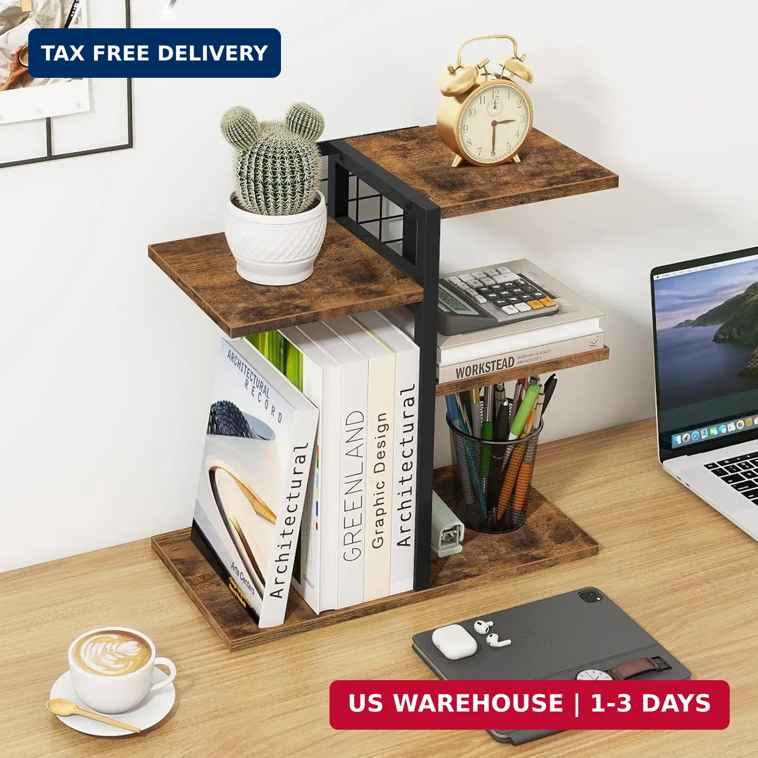 ELITEROO Desktop Shelf Organizer, 4-Tier Wooden Desk Bookshelf, Small Tabletop B