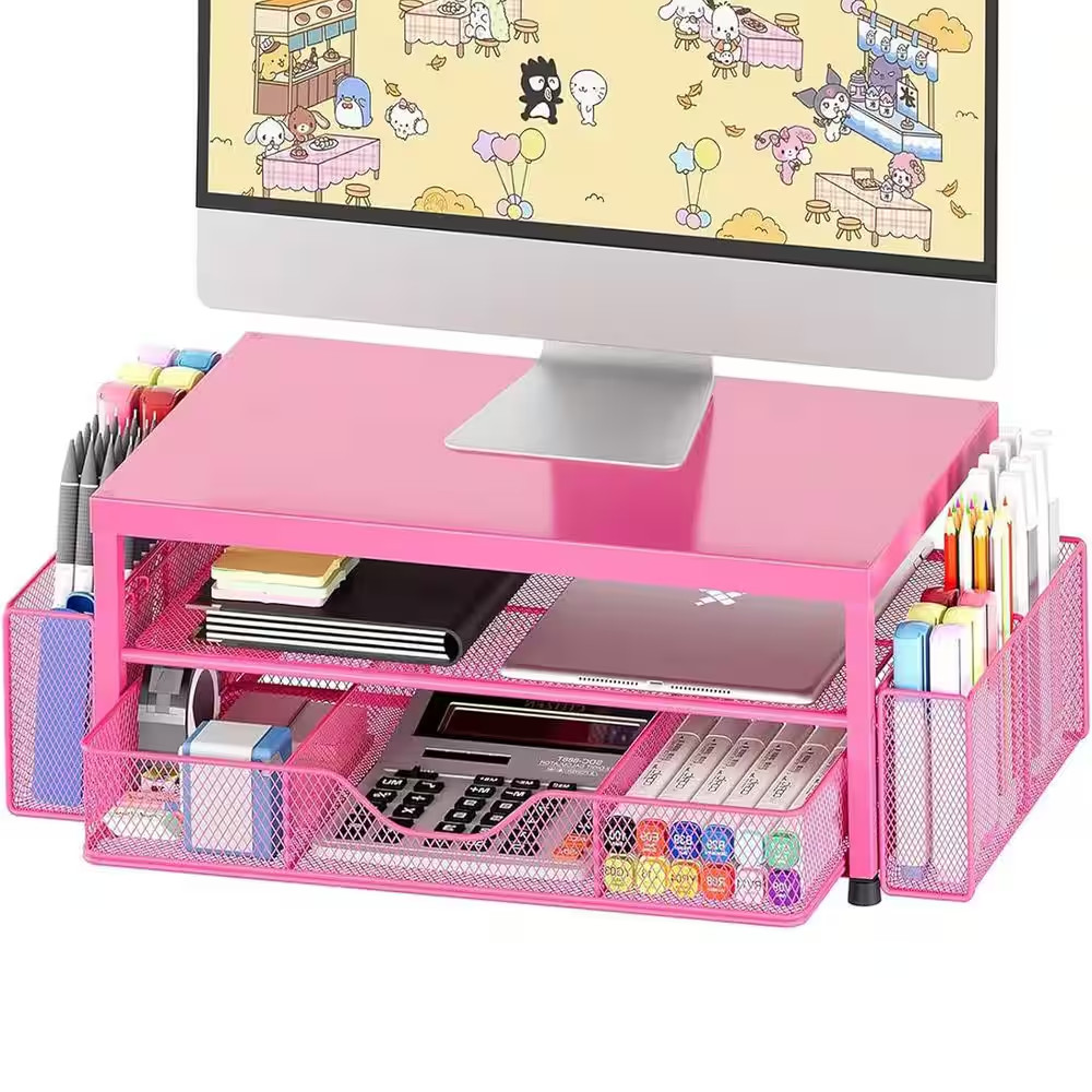 Red 15.5 In. X 6.3 In. Metal Modern Desk Organizers with Drawer and 2 Pen Holder