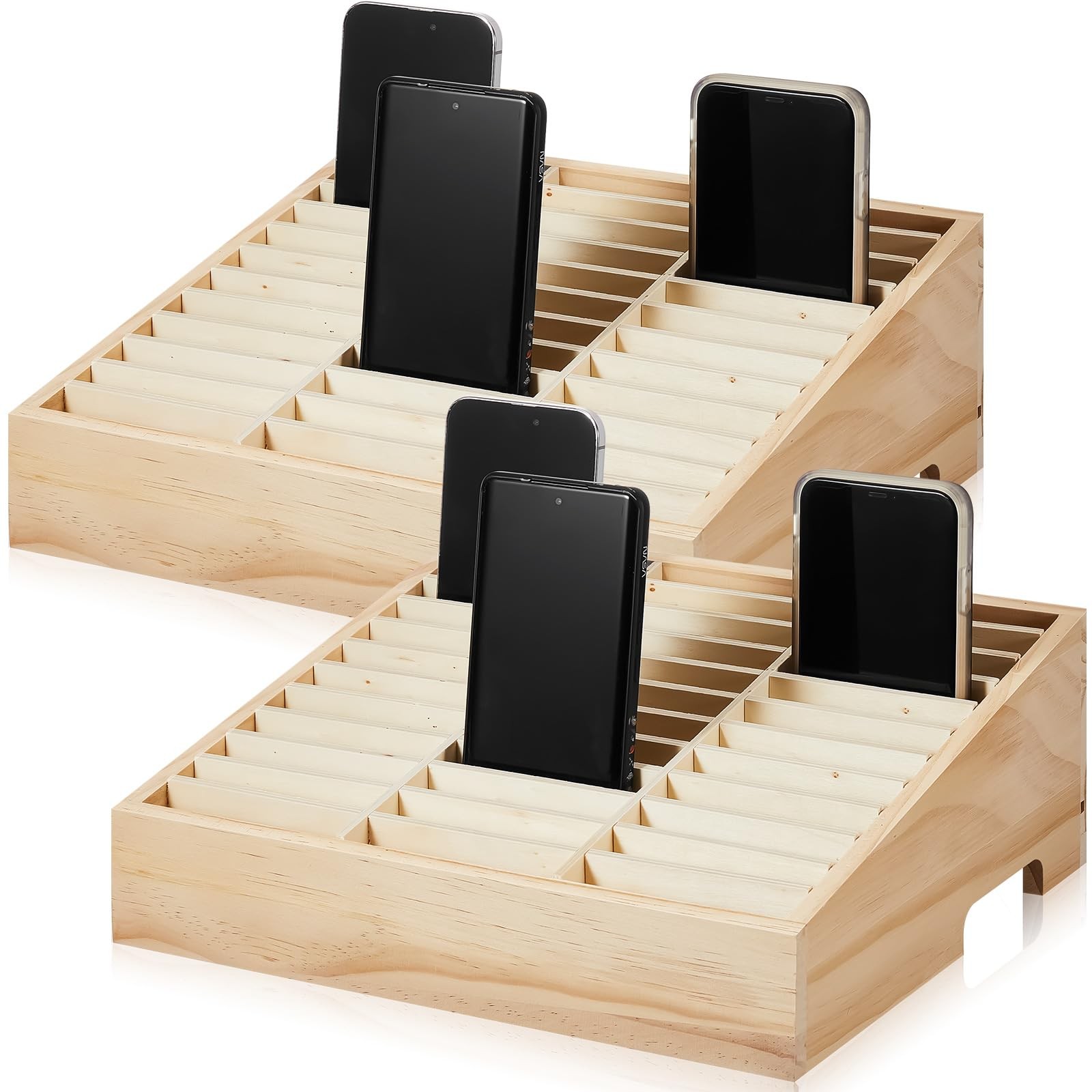 CroBlissful 2 Pcs 36 Grid Wooden Cell Phone Holder Classroom Wood