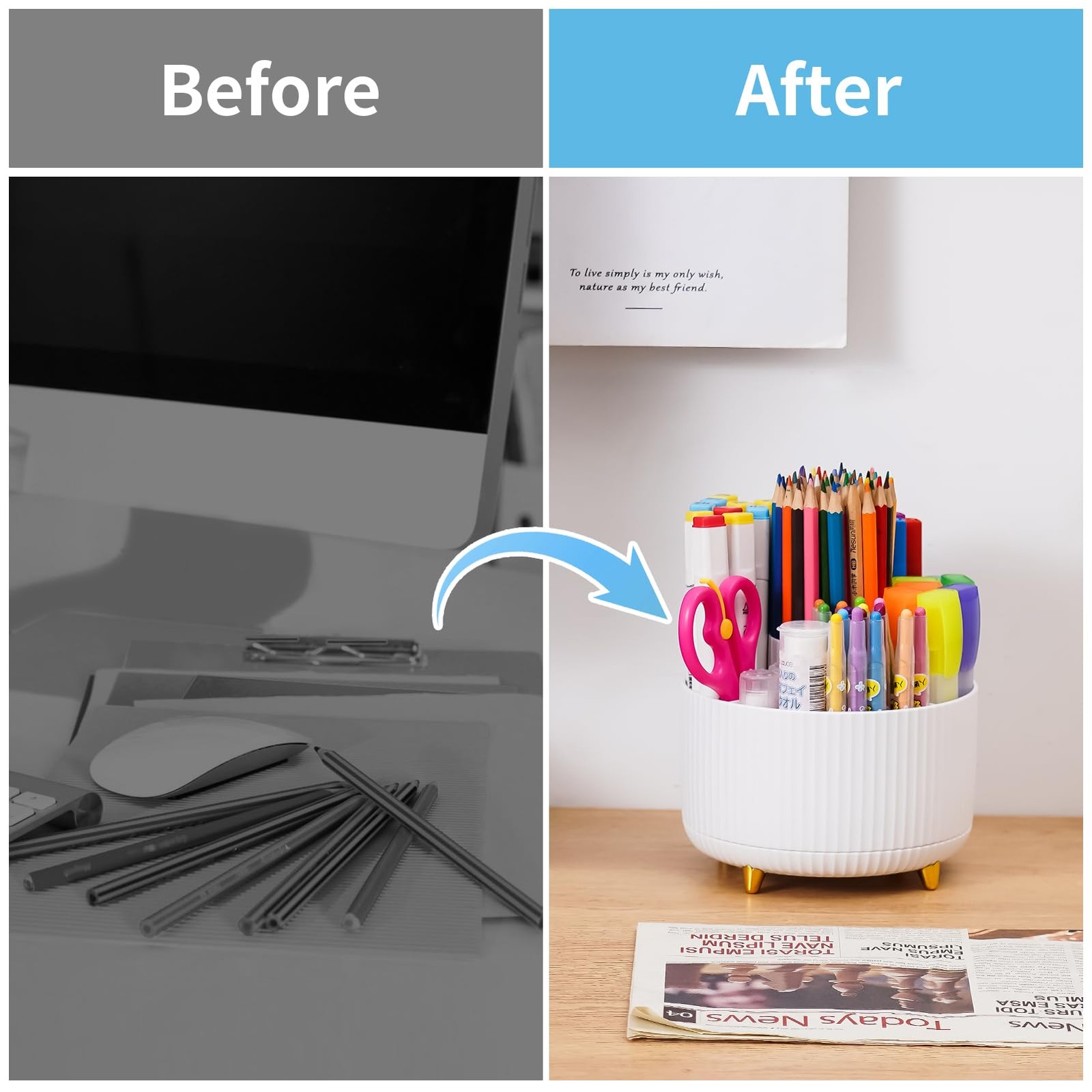 Marbrasse Desk Organizer, 360-Degree Rotating Pen Holder, White