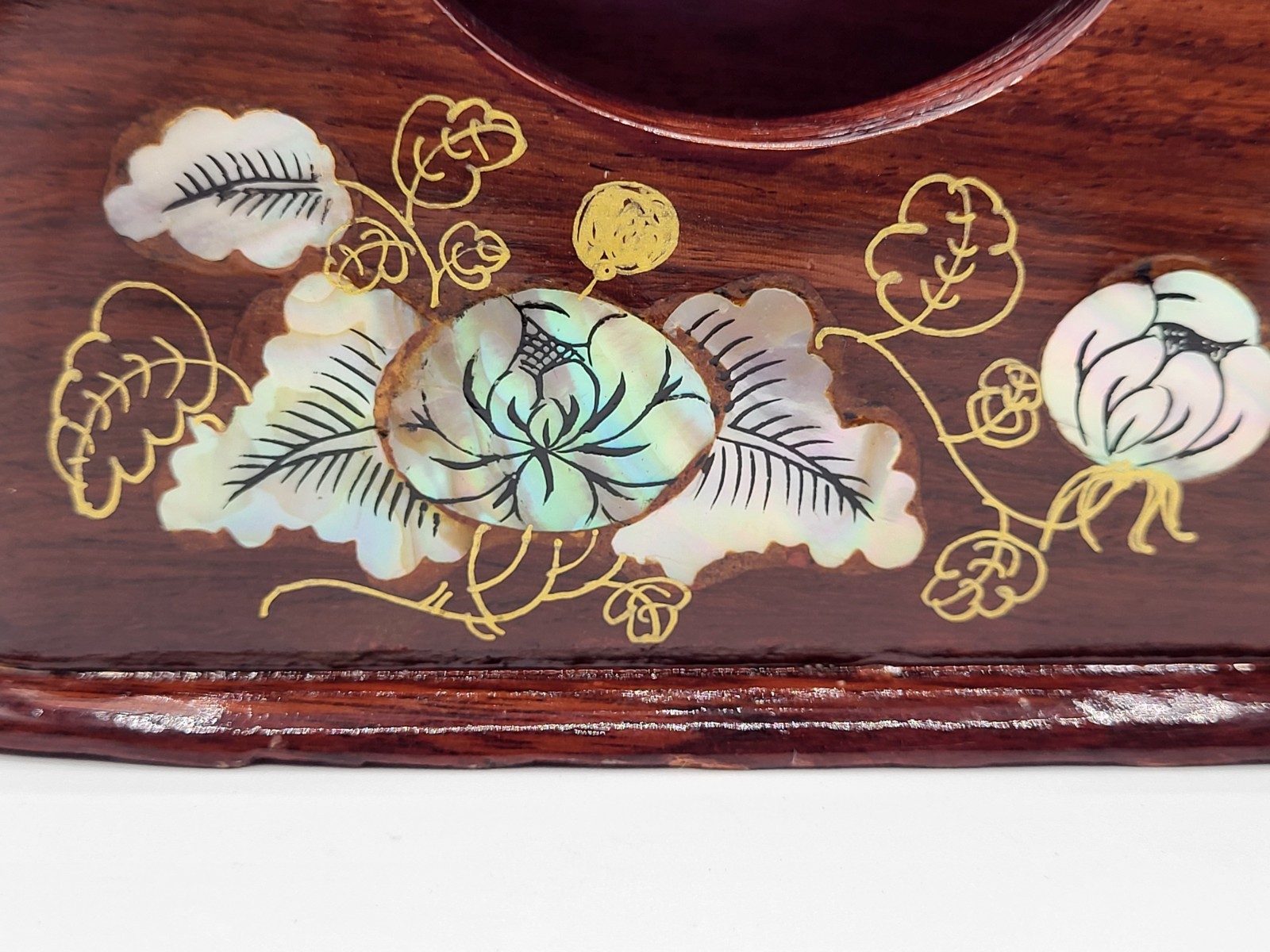 Vintage Pen & Business Card Holder Lacquer Wood w/ Floral Mother-Of-Pearl Inlay