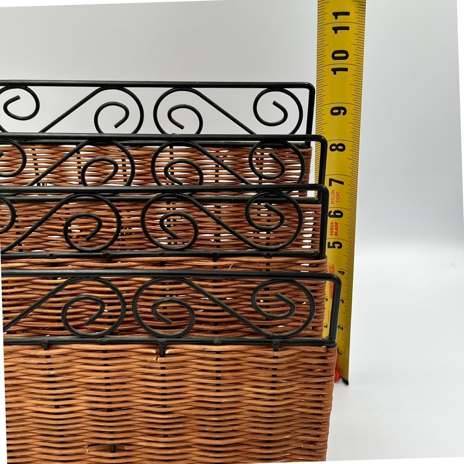 Woven Wicker Metal Scroll Letter Mail Organizer Brown Black Very Good 4-Slot