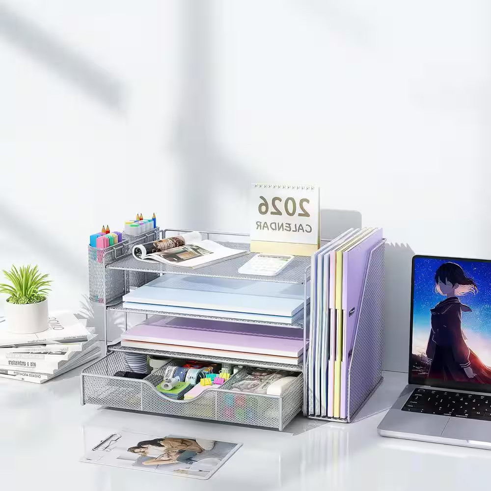 Grey 15.5 In. X 9.2 In. Metal Modern Desk File Holder with Drawer and 2 Pen Hold