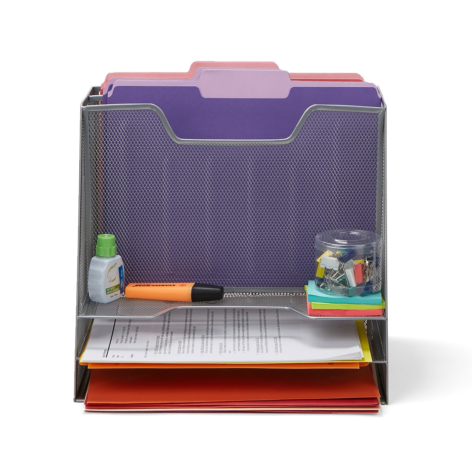 Metal Mesh Desktop File Organizer 3 Tier Paper Tray 5 Compartment Mail Silver