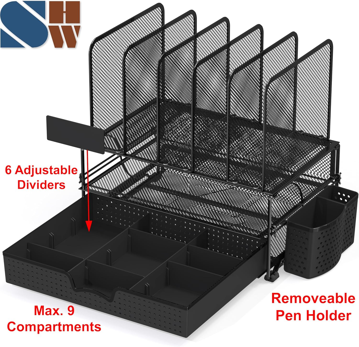 Mesh Desk Organizer with Sliding Drawer, Double Tray and 5 Upright Sections, Bla