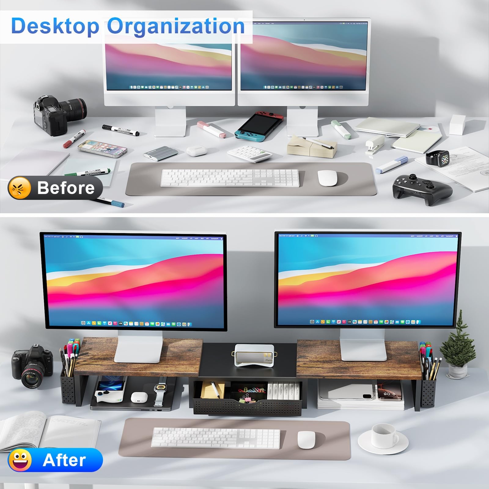 gianotter Dual Monitor Stand Riser, Desk Organizer With Drawer and 2 Pen Wood