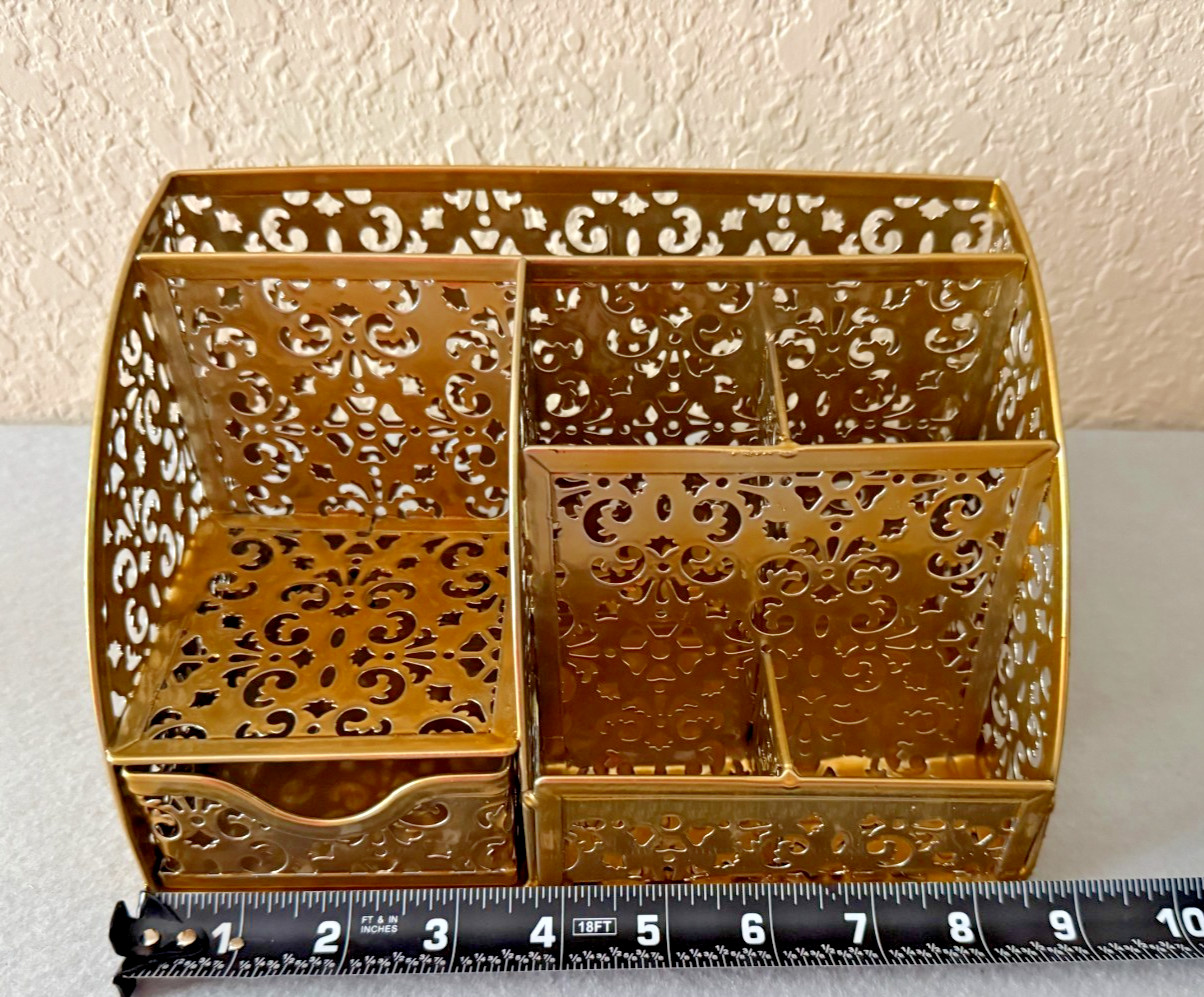 Gold Metal GLITZ Filigree Desk Accessory 3 Piece Set Letter Caddy Pen Holder