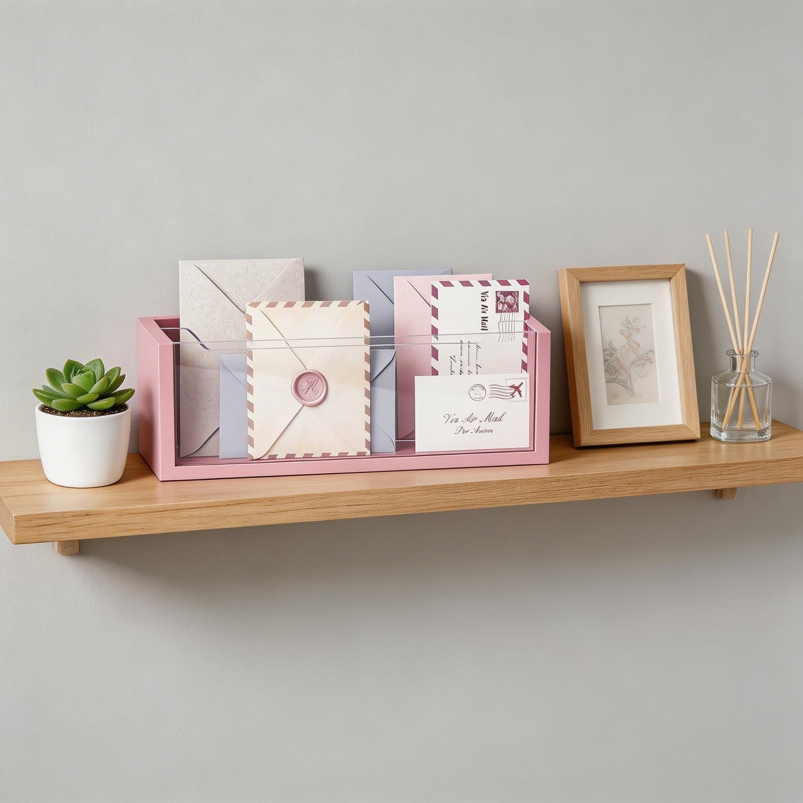 Pink Mail Organizer Clear Acrylic Divider Desk Wall Mount Paper Sorter Decor