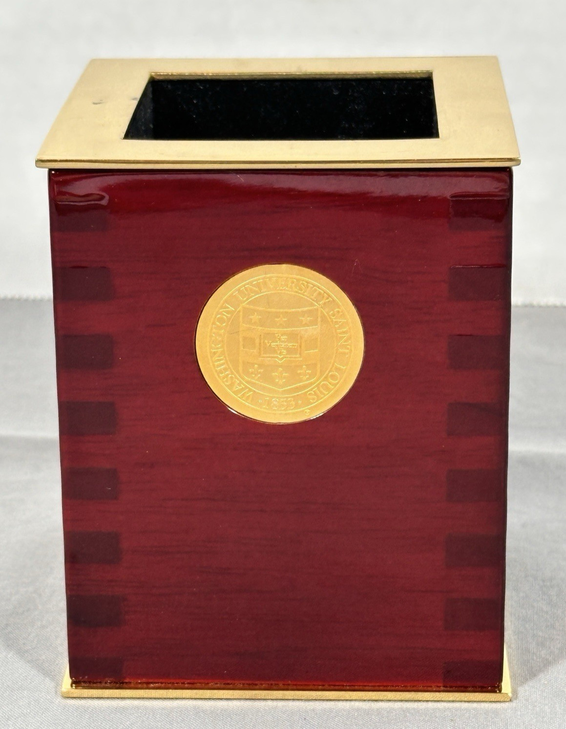 Washington University St Louis Desk Pencil Holder Wood Brass Tone Office Cup