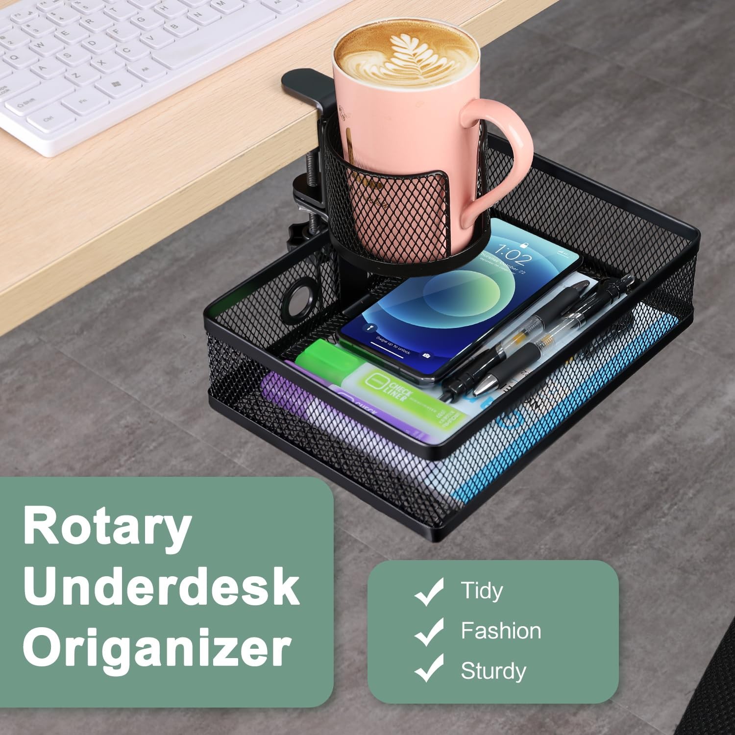 360° Rotation Under Desk Drawer Storage Organizer Rotary Cup Holder Clamp