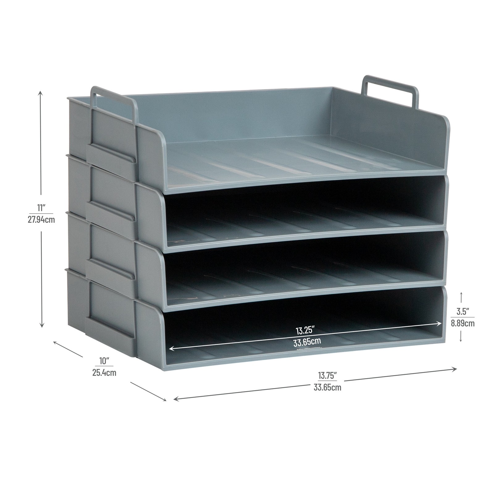 4-Pack Gray Plastic Stackable Paper Tray, Desktop Organizer 13.75x10x10.75″