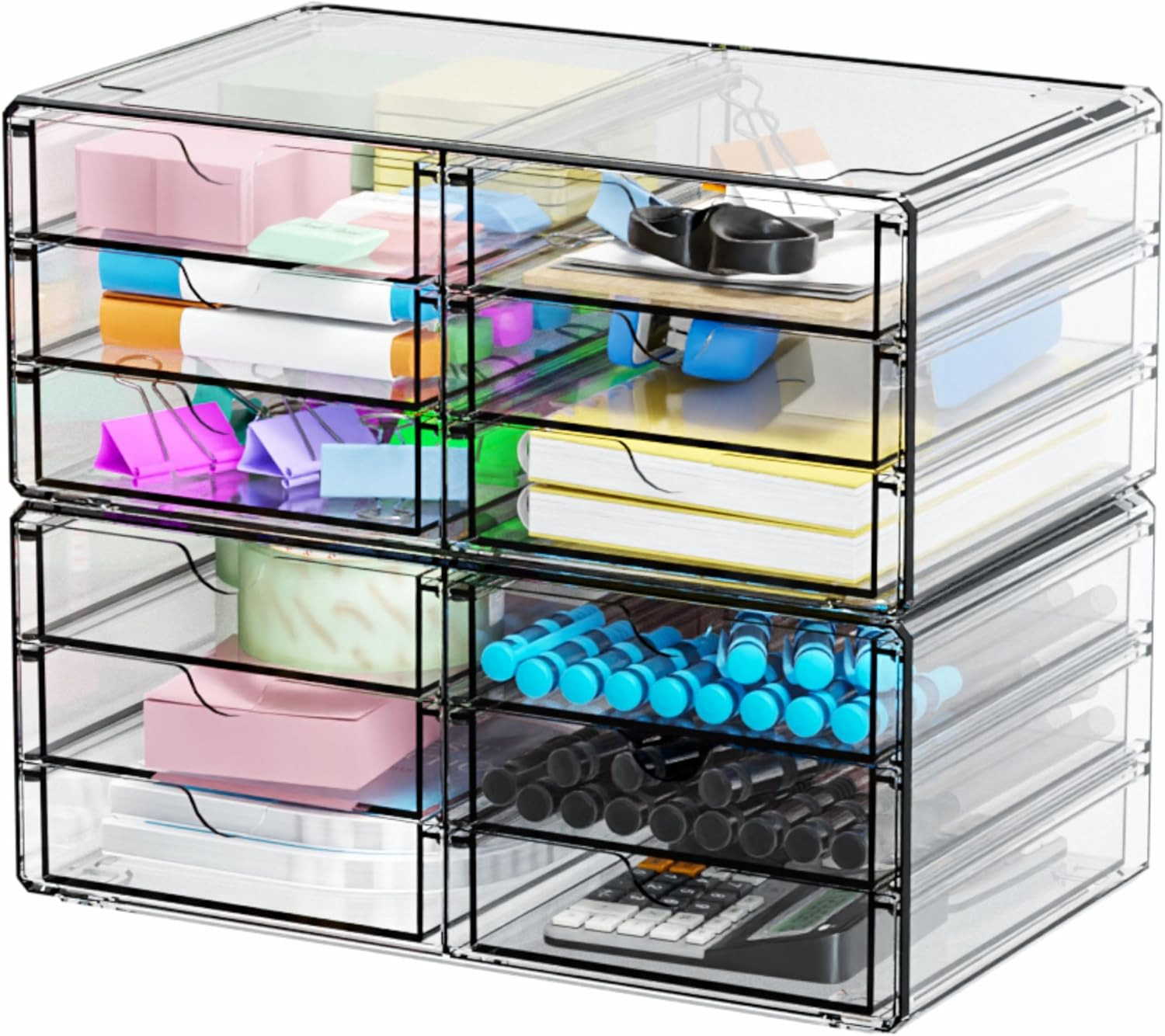 Yieach 2 Pack Acrylic Storage Drawers with 12 Small Drawer,Stackable Office Cabi