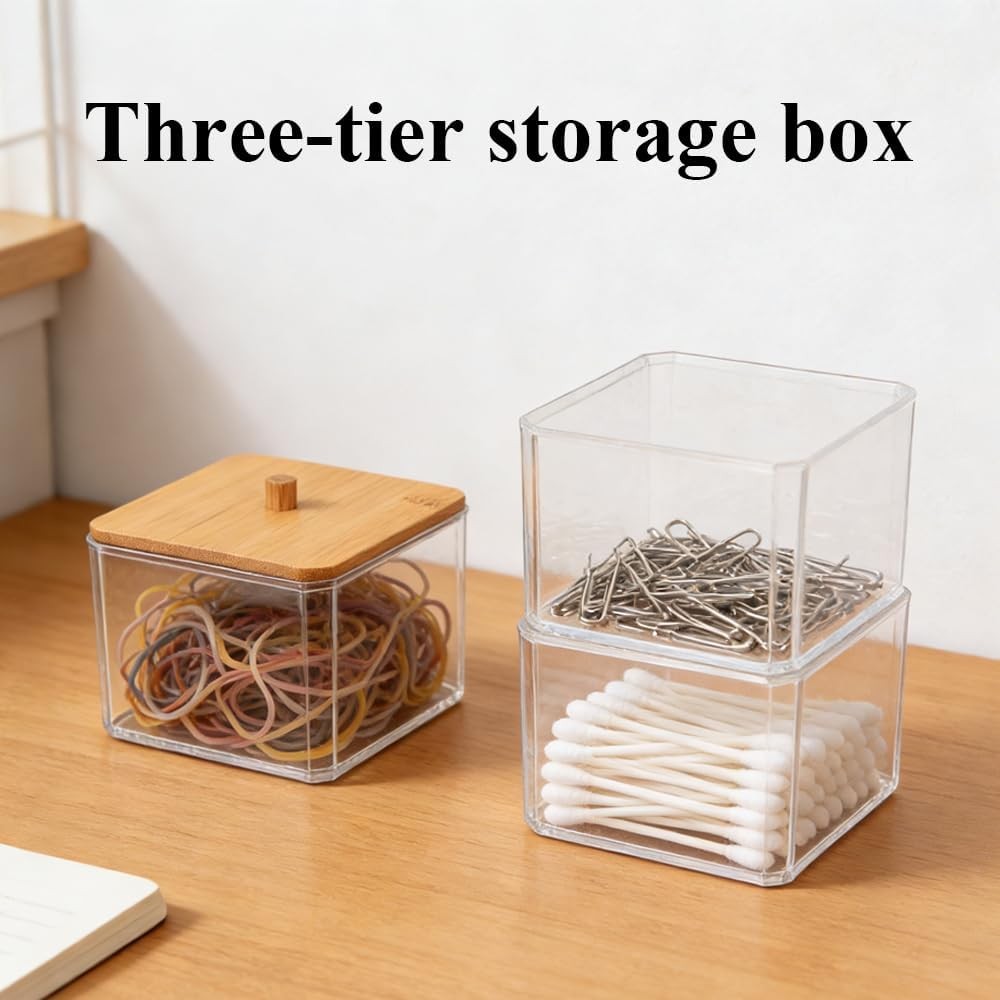 Clear Paper Clip Organizer with Bamboo Lid 3 Layer Desk Storage Holder