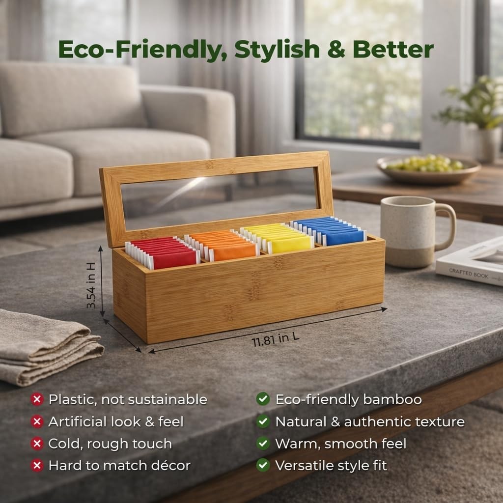 Whotti Tea Bag Organizer – Bamboo Box with Compact, Natural