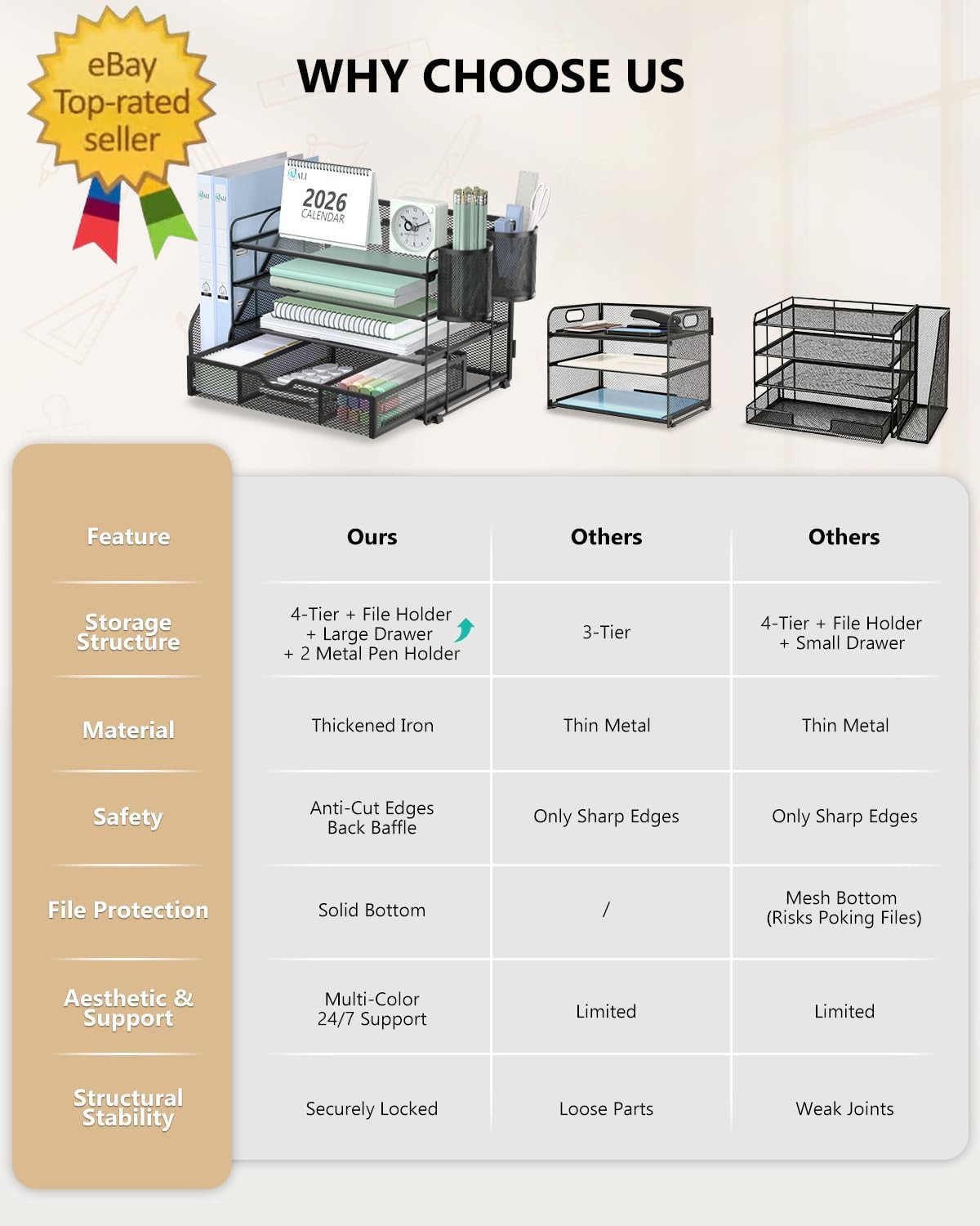 Desk File Organizer, 4 Tier Desktop Paper Letter Tray Organizer with Drawer and