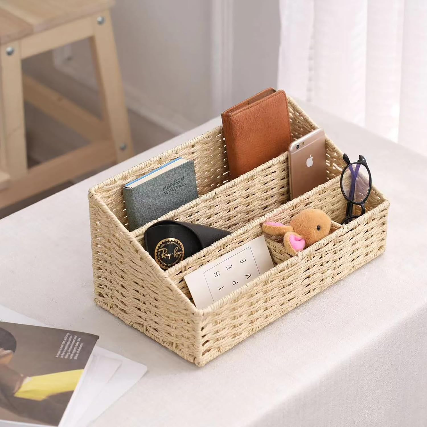 Rattan Mail Organizer – Countertop, Desk, Bills, Woven Basket, Magazine Holder