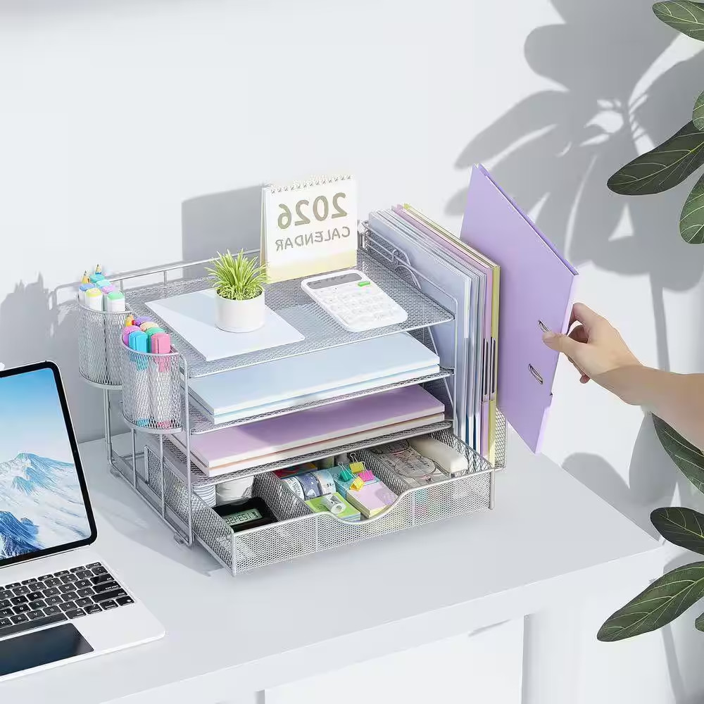 Grey 15.5 In. X 9.2 In. Metal Modern Desk File Holder with Drawer and 2 Pen Hold