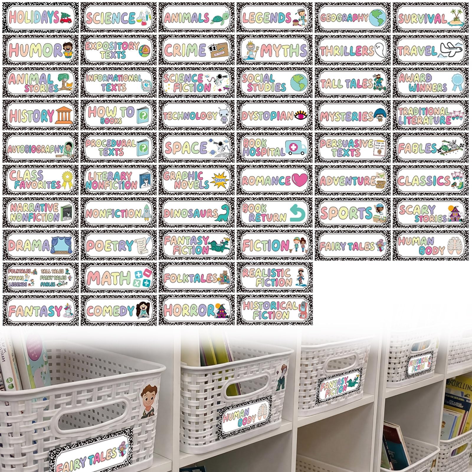 56 Pcs Back to Classroom Library Labels for Genre Topic Book Classroom Librar…