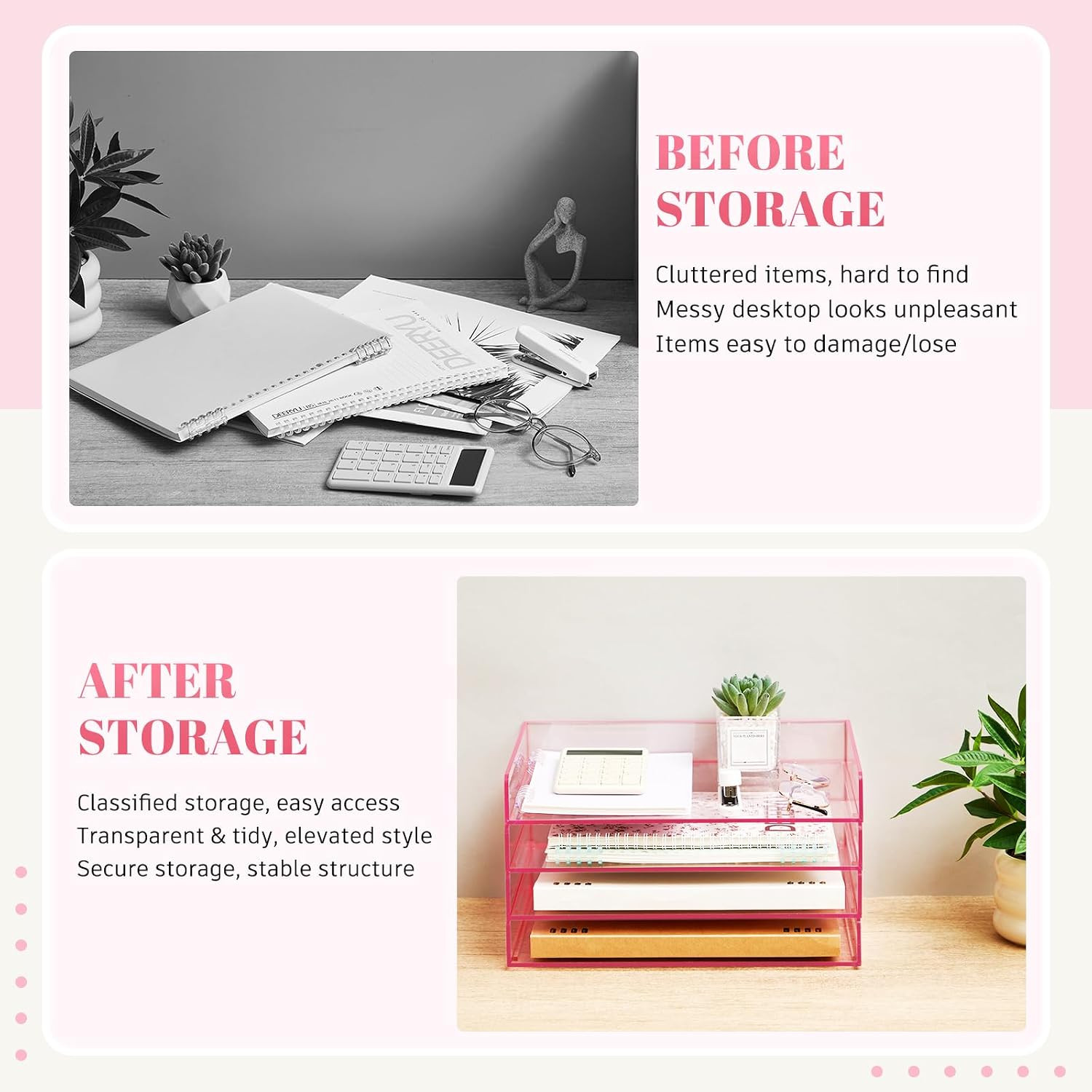 4 Tier Clear Hot Pink Acrylic Paper Organizer Letter Tray, Aesthetic Stackable L
